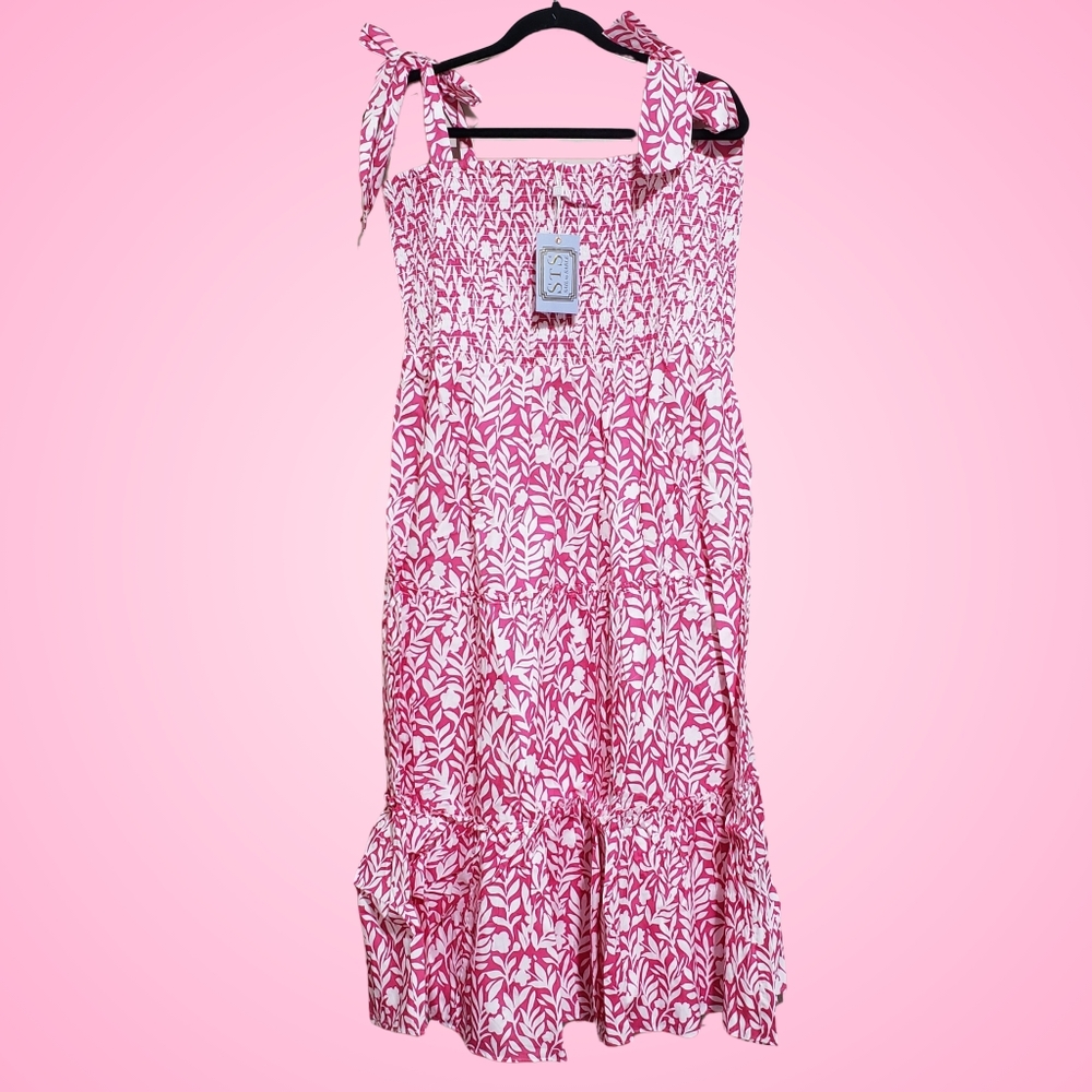 SAIL TO SABLE Midi Dress Pink Vine XS Tie Strap Square Neck Vacation NWT $188